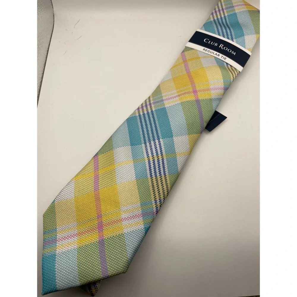 Club Room Mens Plaid Regular Tie Aqua Yellow Pink White 1CRC24-1012 NEW